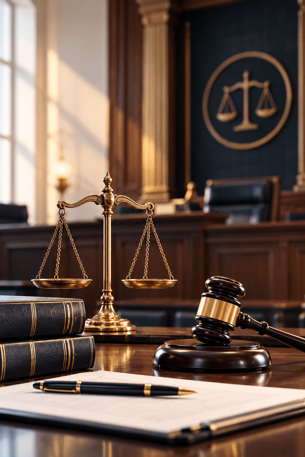 Elegant courtroom featuring the scales of justice and a judge's gavel